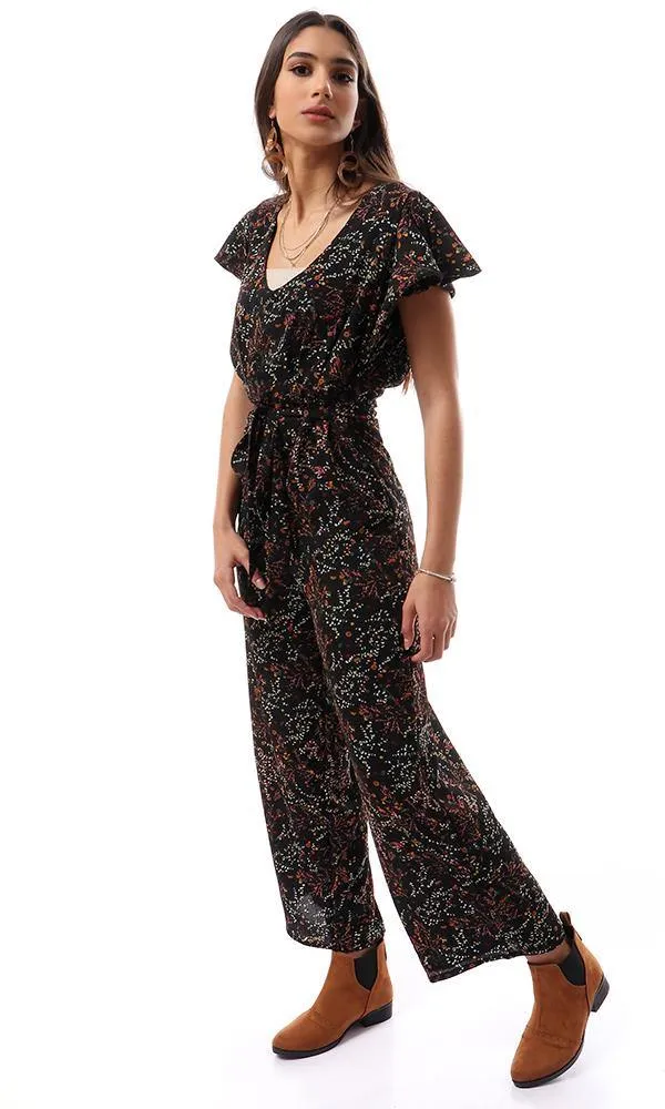 56739 Deep V-Neck Floral Black Open Back Jumpsuit