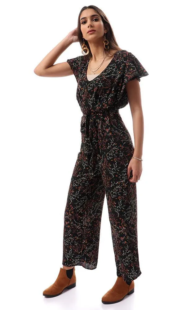 56739 Deep V-Neck Floral Black Open Back Jumpsuit