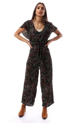 56739 Deep V-Neck Floral Black Open Back Jumpsuit