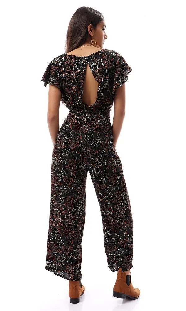 56739 Deep V-Neck Floral Black Open Back Jumpsuit