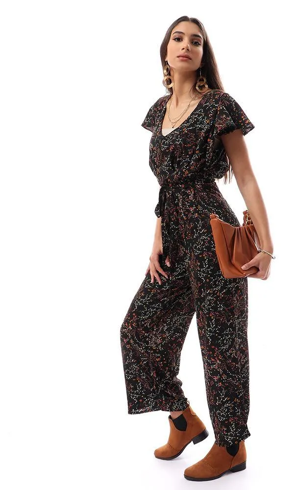 56739 Deep V-Neck Floral Black Open Back Jumpsuit