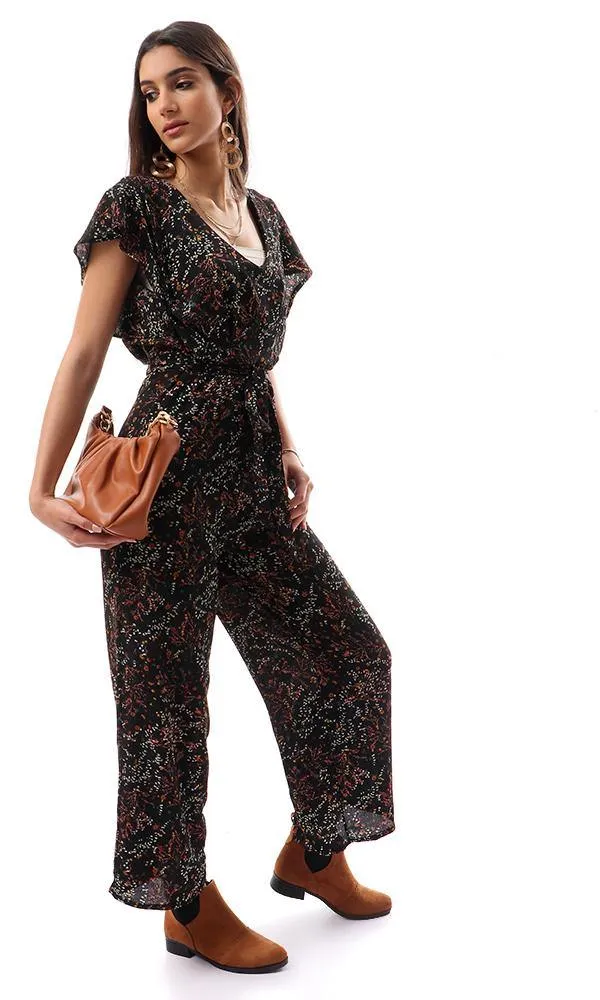 56739 Deep V-Neck Floral Black Open Back Jumpsuit