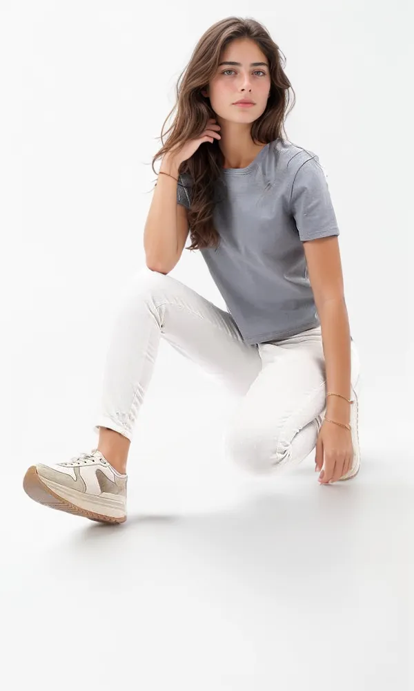 94708 Essential Plain Greyish Blue Round Tee