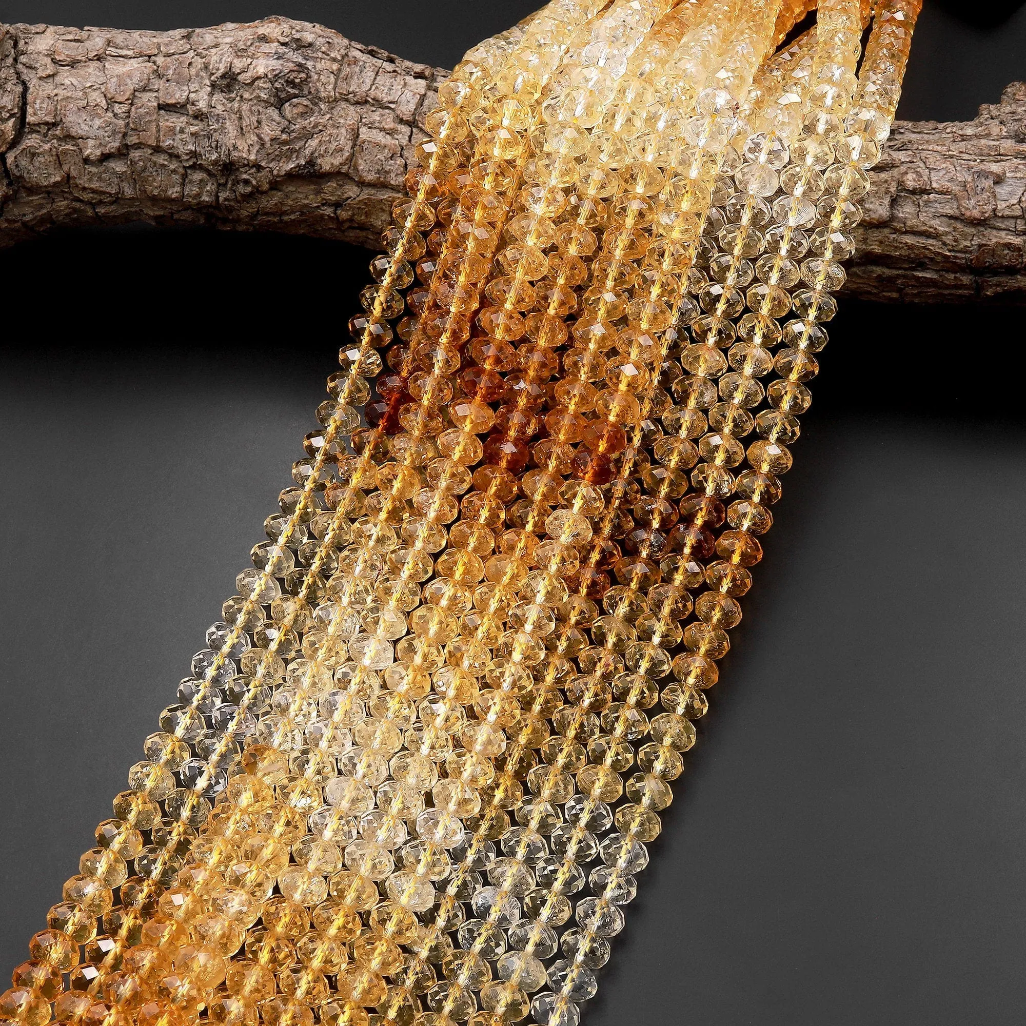 AAA Faceted Natural Golden Yellow Citrine Rondelle Beads 6mm 8mm Graduated Ombre Colors 15.5" Strand