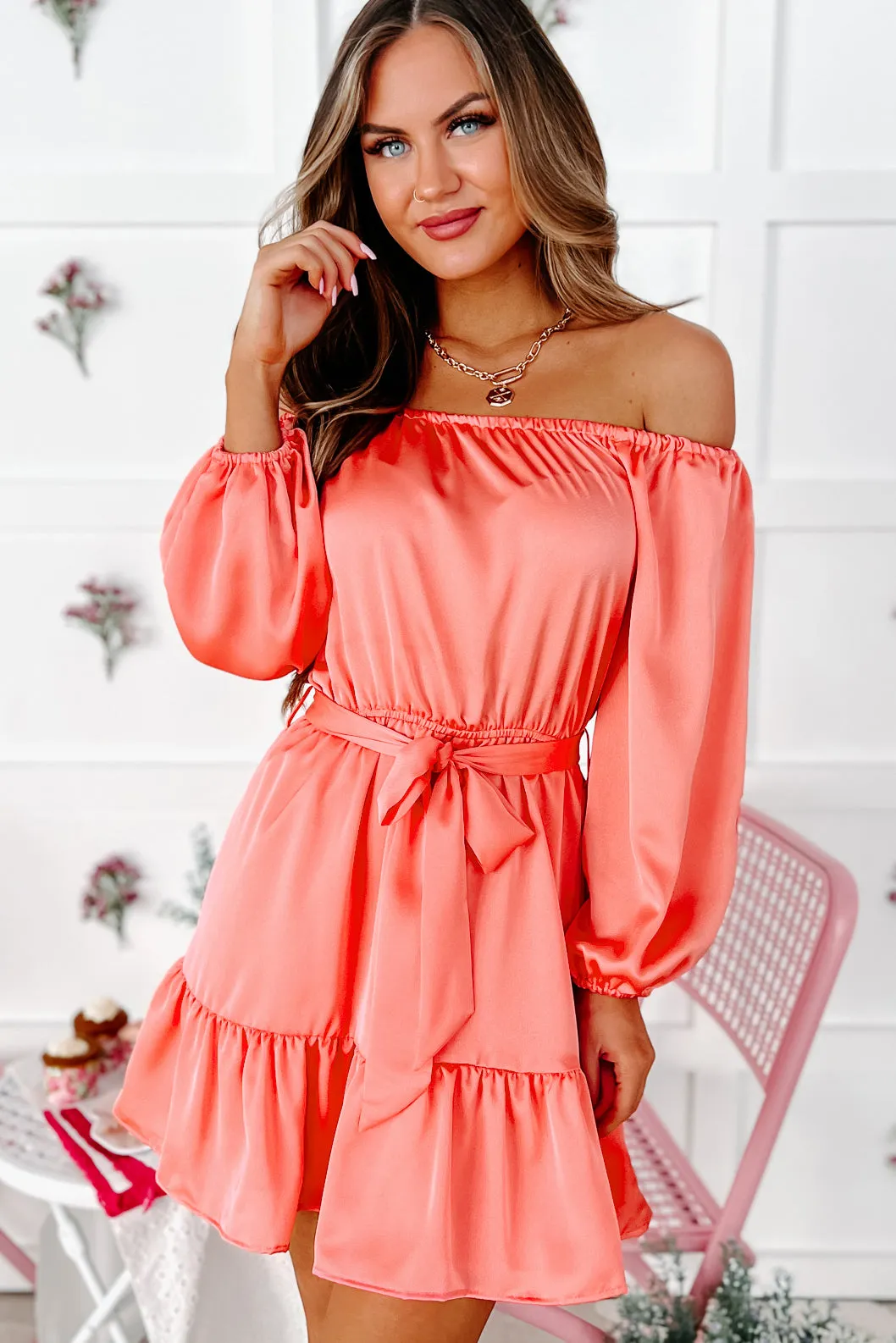 Afternoon Angel Off The Shoulder Bubble Sleeve Mini Dress (Coral)