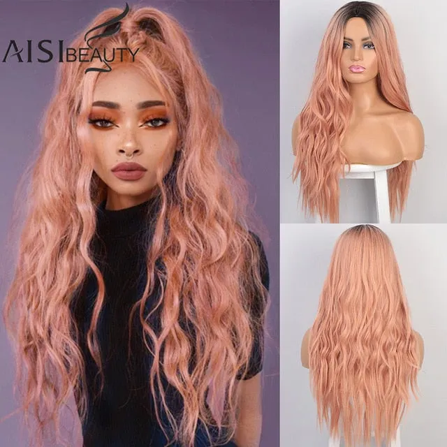 AISI BEAUTY Long Wavy Wig Natural Part Side Hair Ombre Synthetic Platinum Blonde Black Wigs Heat Resistant