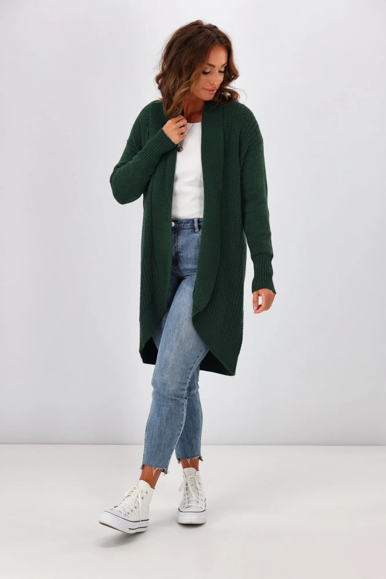 Alpine By Shine On Piccolo Merino Longline Scooped Hem Cardigan Olive