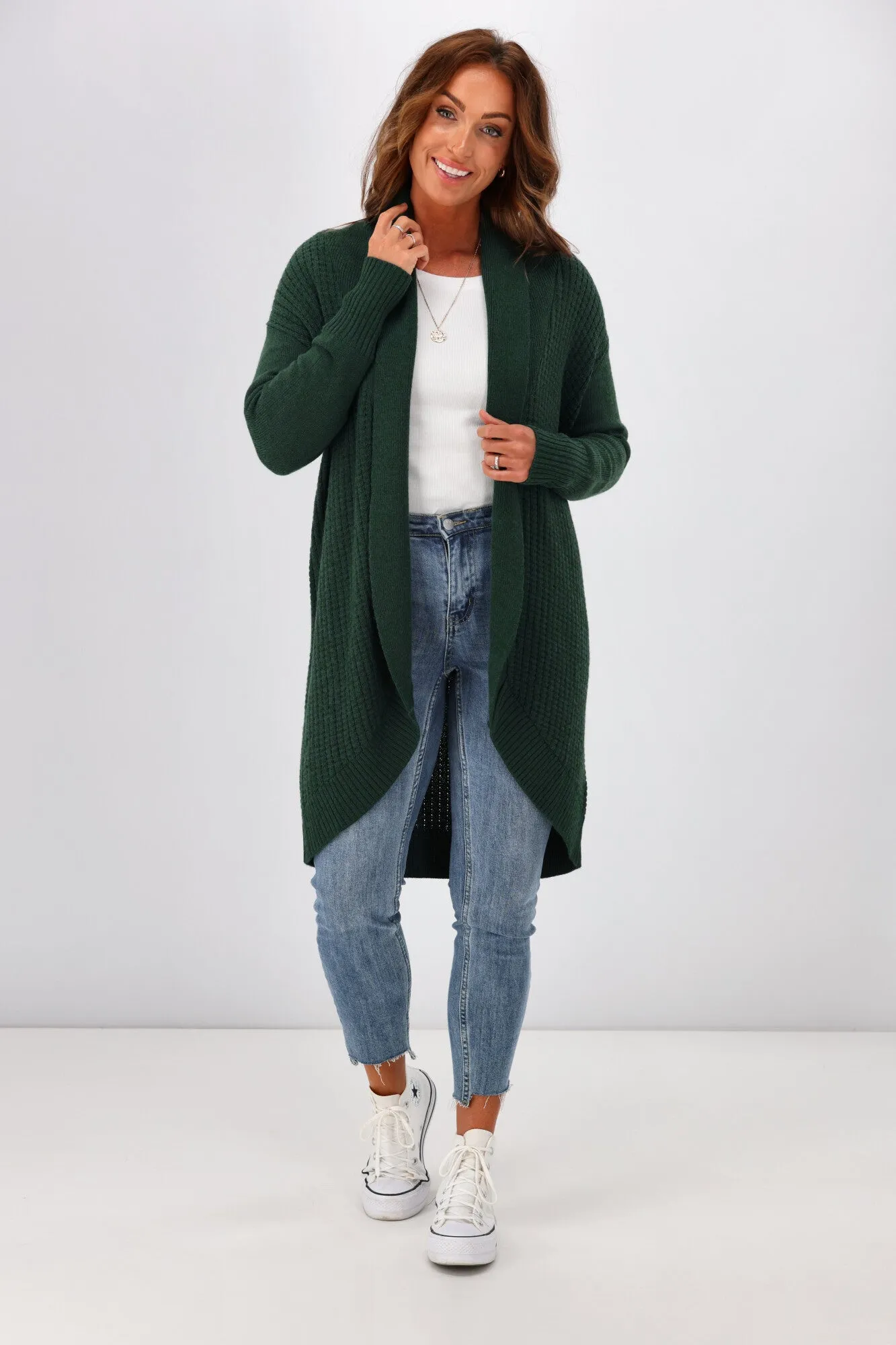 Alpine By Shine On Piccolo Merino Longline Scooped Hem Cardigan Olive