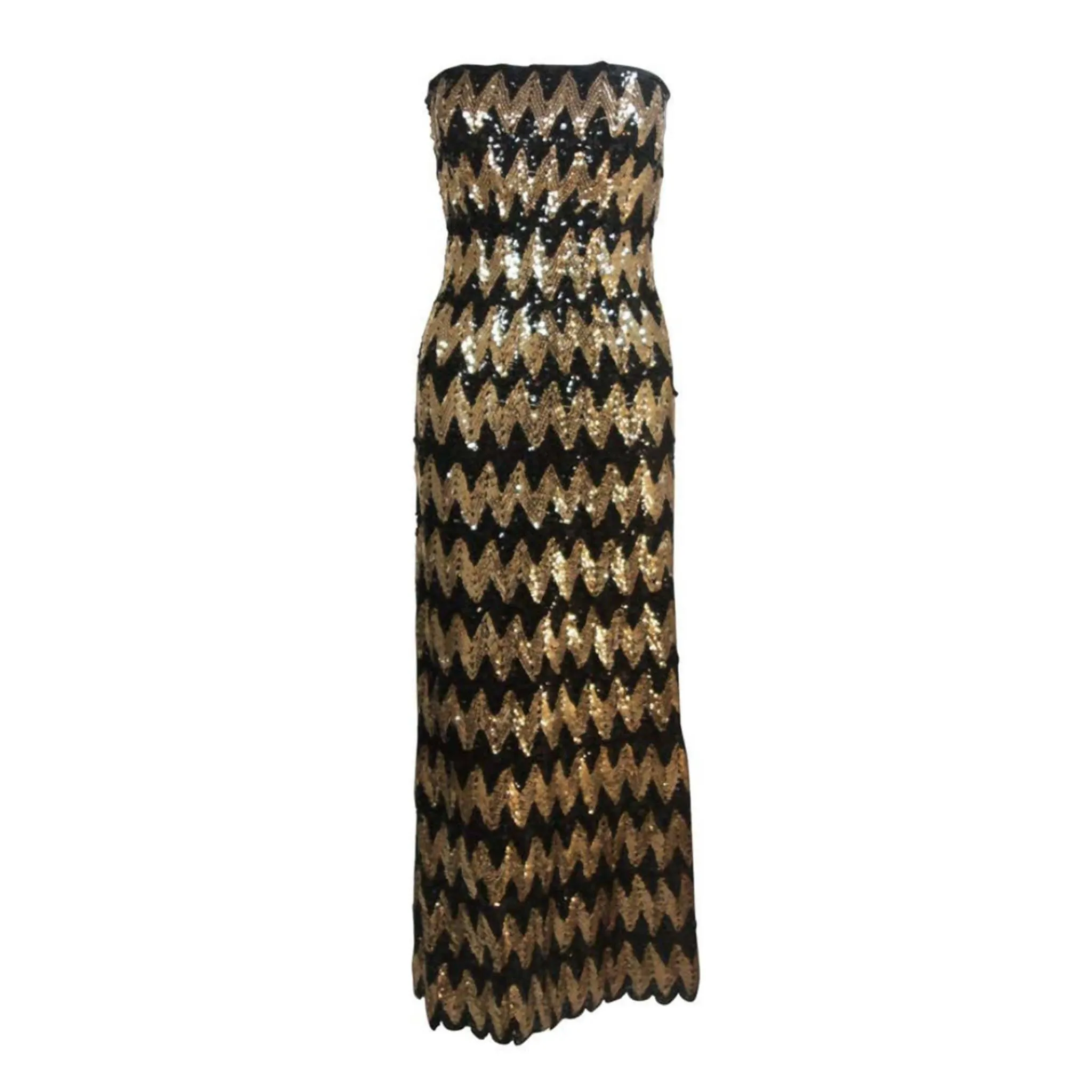 Arnold Scaasi Strapless Black and Gold Knit Sequin Gown | US 2-4