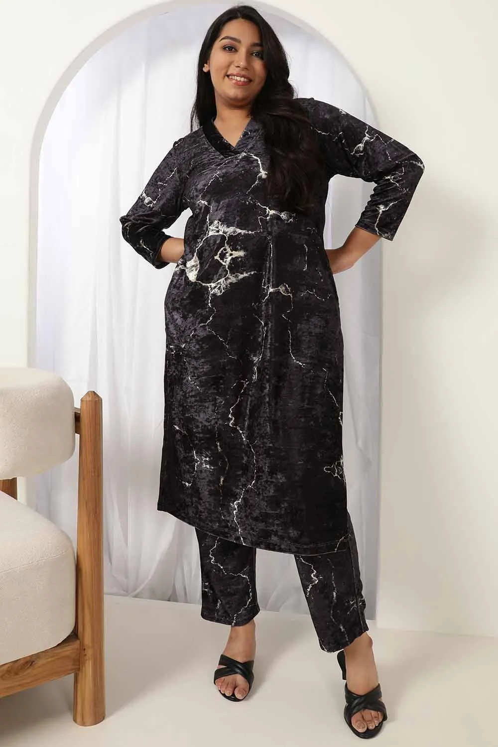 Black Marble V Neck Velvet Kurta