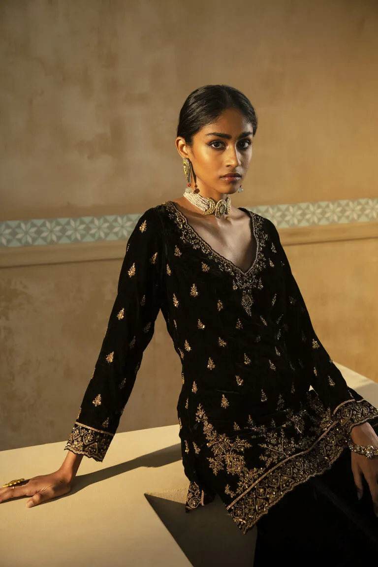 Black Velvet Fitted Gharara Set