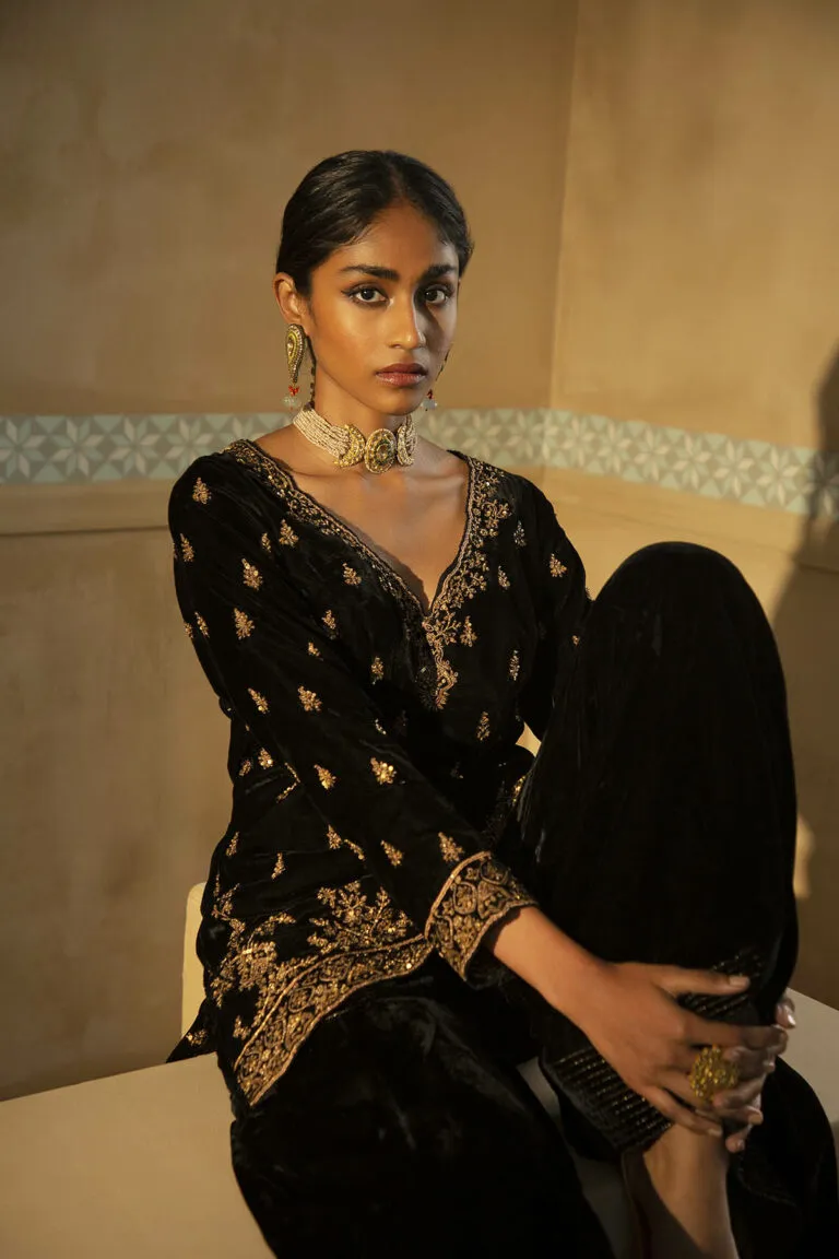 Black Velvet Fitted Gharara Set