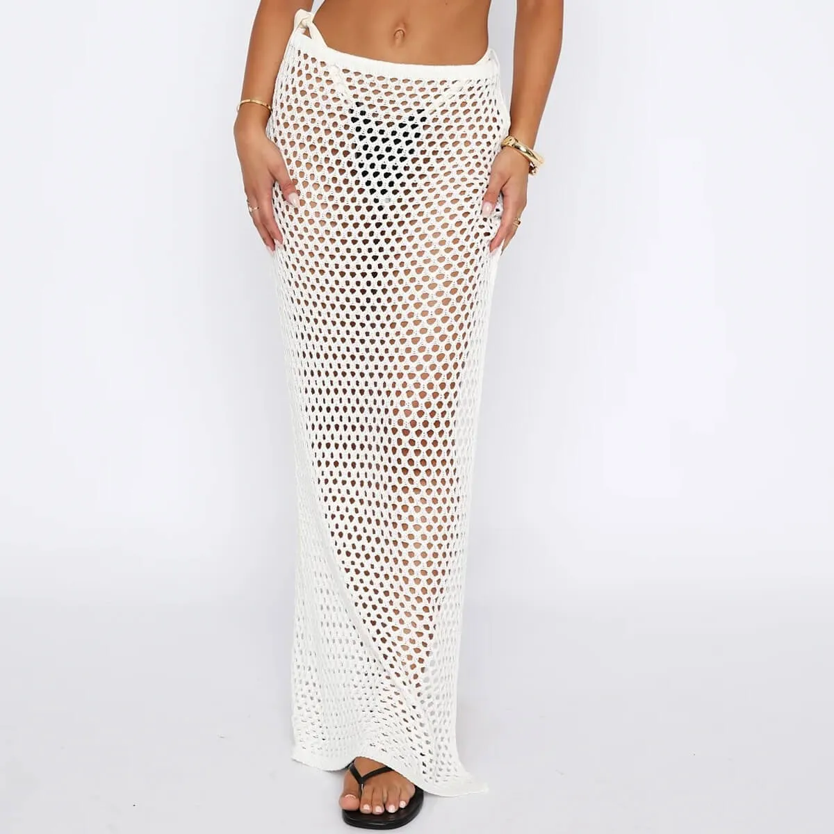 Boho Chic Low Rise Tie Side Split Summer Openwork Crochet Knit Maxi Skirt