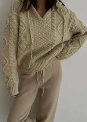 Cable Knit Hoodie in Beige