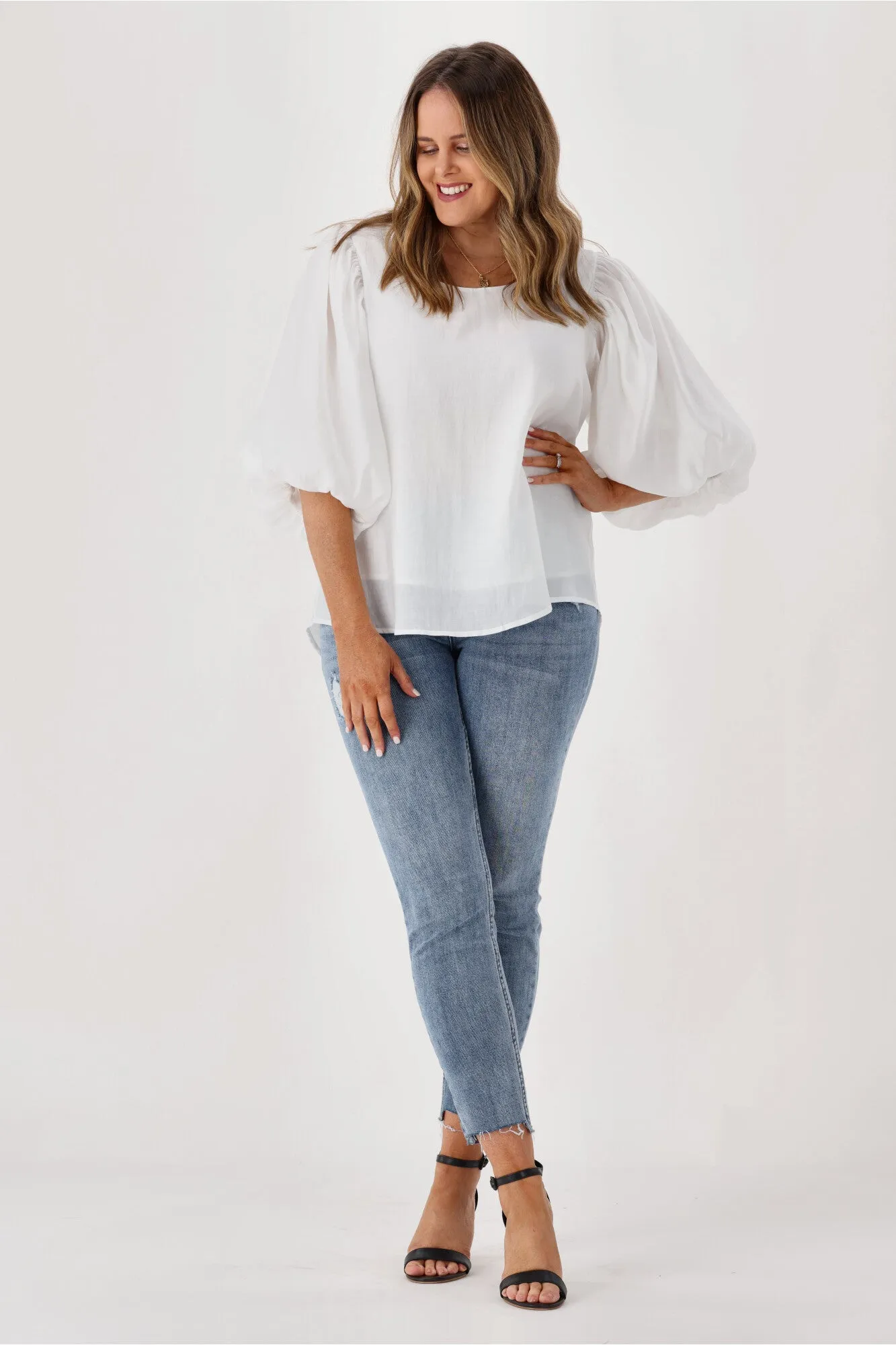 Cali & Co Round Neck Balloon 1/2 Sleeve Blouse White