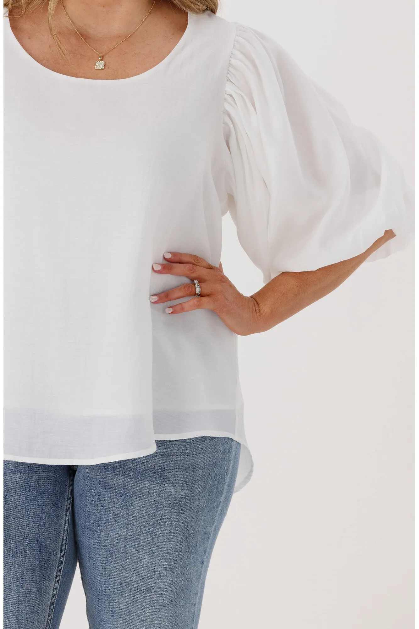 Cali & Co Round Neck Balloon 1/2 Sleeve Blouse White