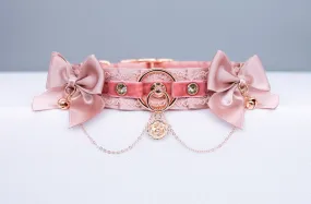 Chained Blush Velvet and Dusty Rose Bows - BDSM Collar in Rose Gold