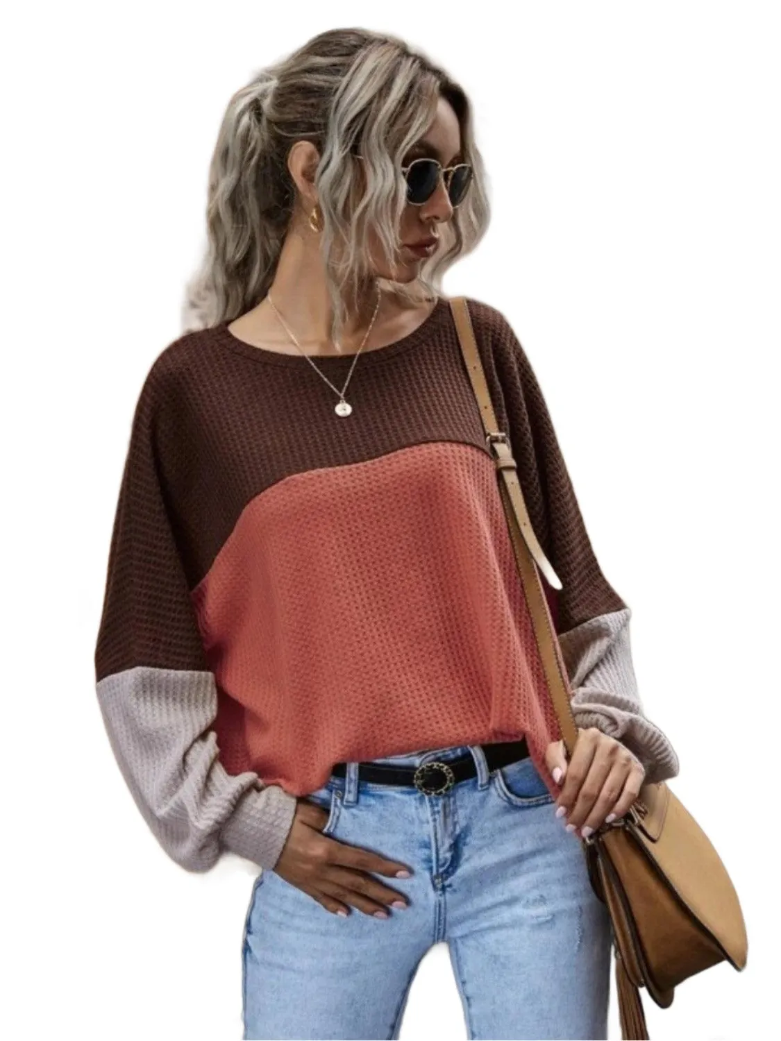 Color Block Waffle-Knit Long Sleeve Top