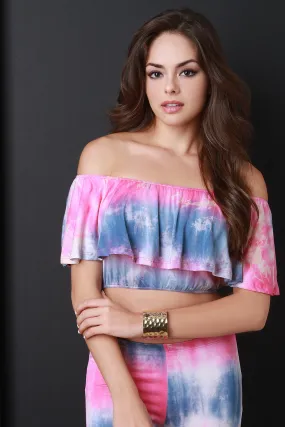 Colorblock Tie Dye Ruffle Off-The-Shoulder Crop Top