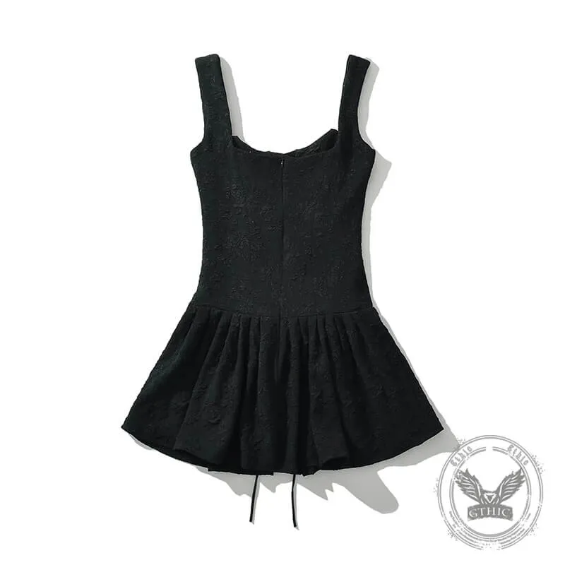 Corseted Bodice Tie-up Front Pleated Square Neck Mini Dress