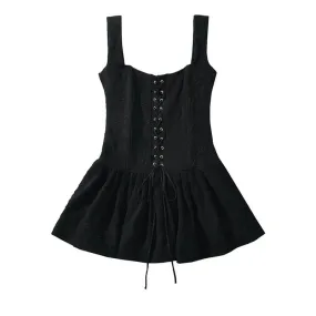 Corseted Bodice Tie-up Front Pleated Square Neck Mini Dress