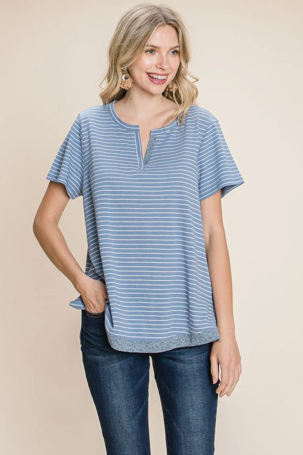 Cotton Bleu by Nu Lab Slit Striped Notched Short Sleeve