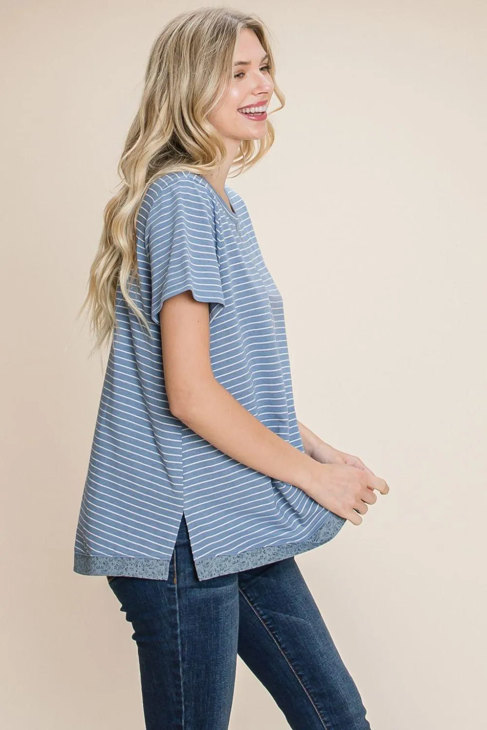 Cotton Bleu by Nu Lab Slit Striped Notched Short Sleeve