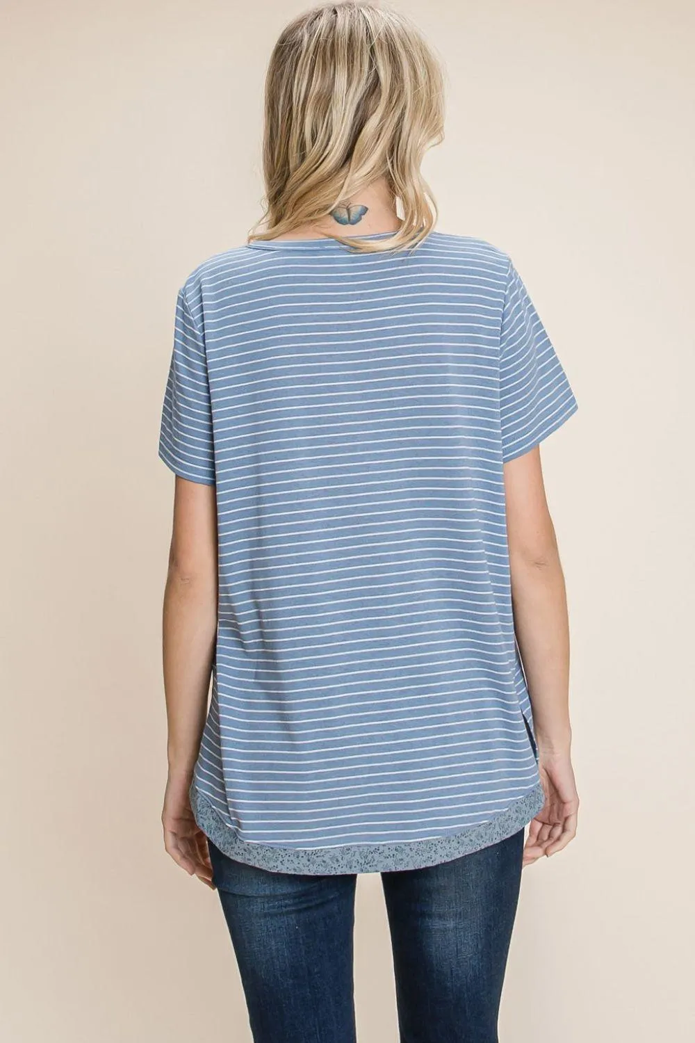 Cotton Bleu by Nu Lab Slit Striped Notched Short Sleeve