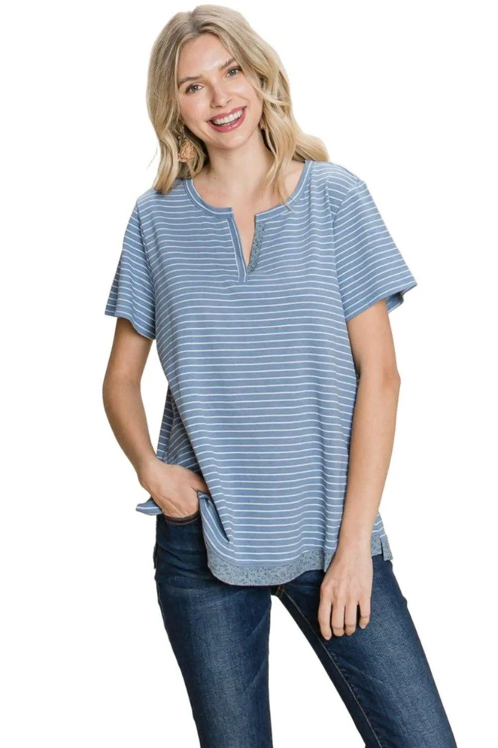 Cotton Bleu by Nu Lab Slit Striped Notched Short Sleeve