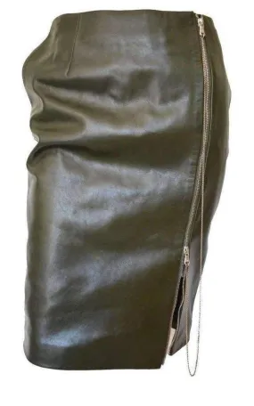 Dark Olive Green Front Zipper Leather Skirt