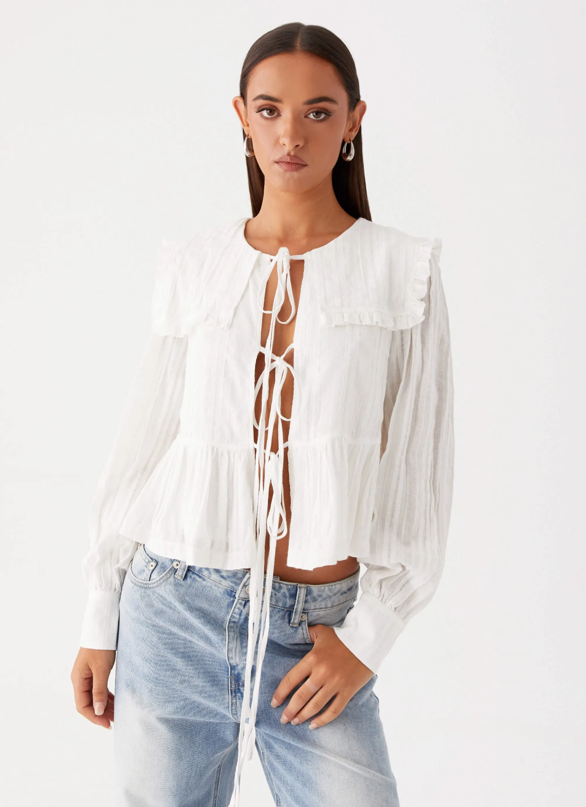 Emerson Tie Front Long Sleeve Top - White