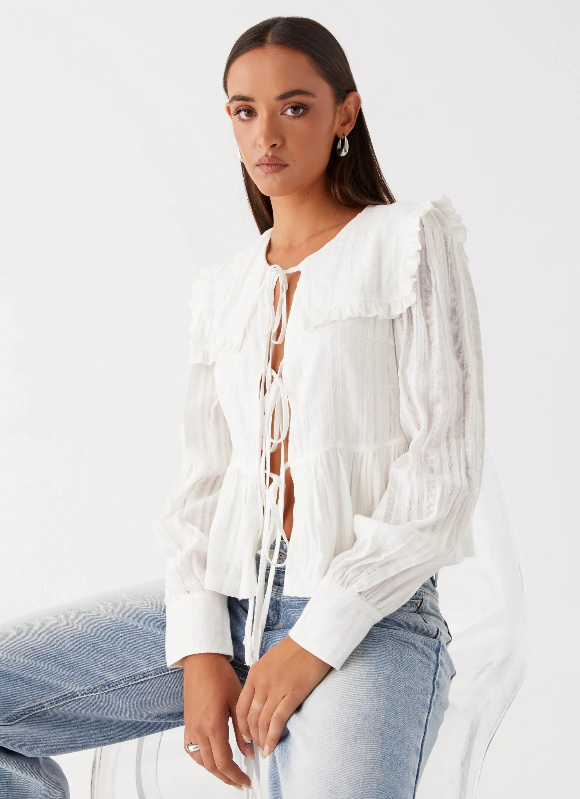 Emerson Tie Front Long Sleeve Top - White