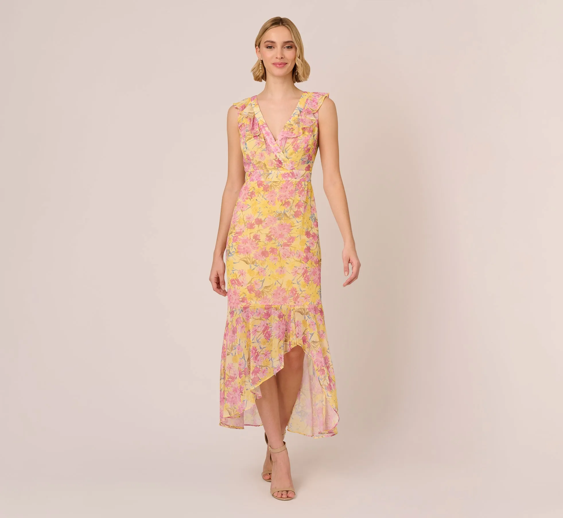 Floral Print Ankle Length Chiffon Dress With Ruffled Details In Yellow Multi