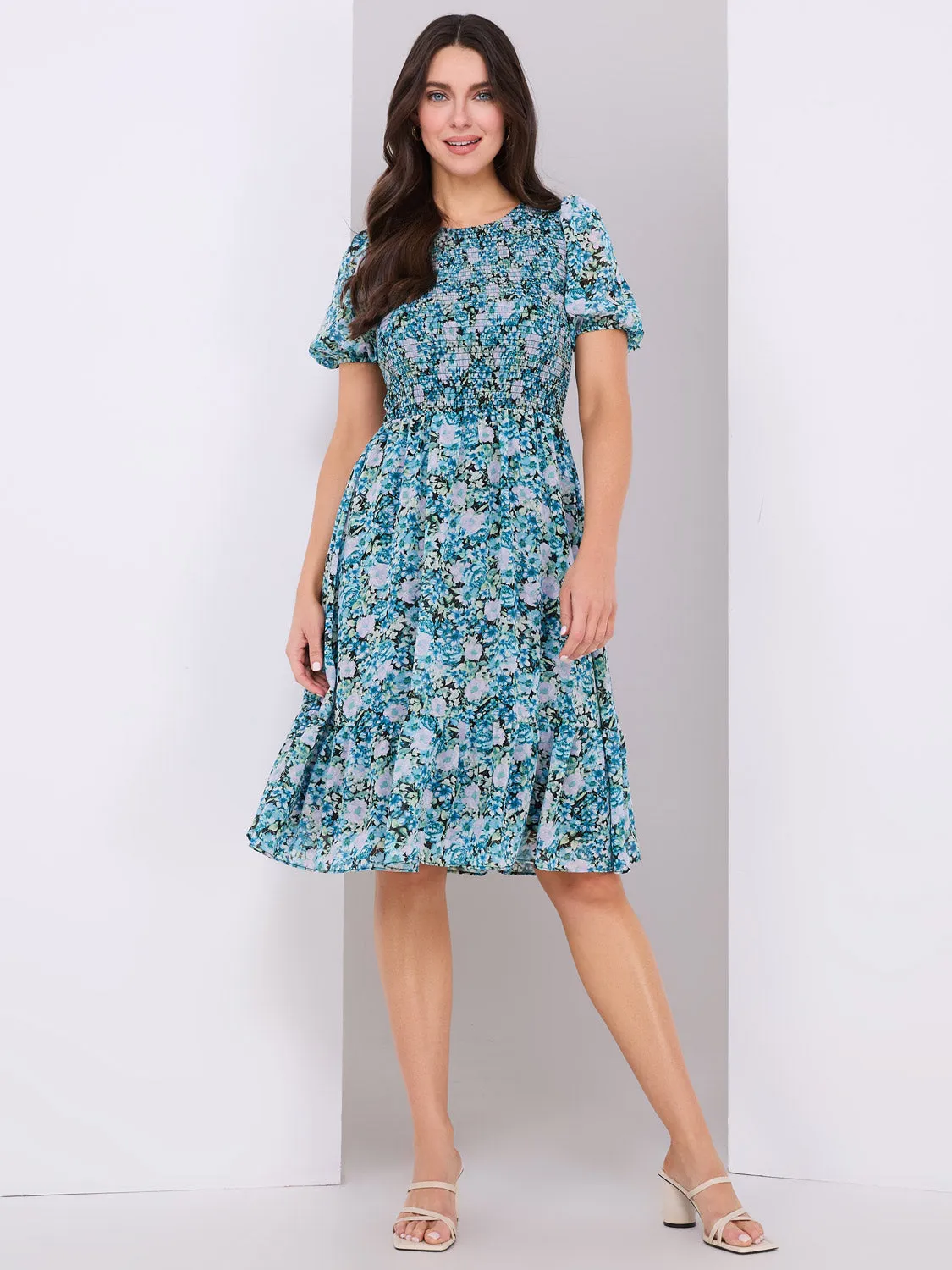 Floral Print Puff Sleeve Smocked Dress