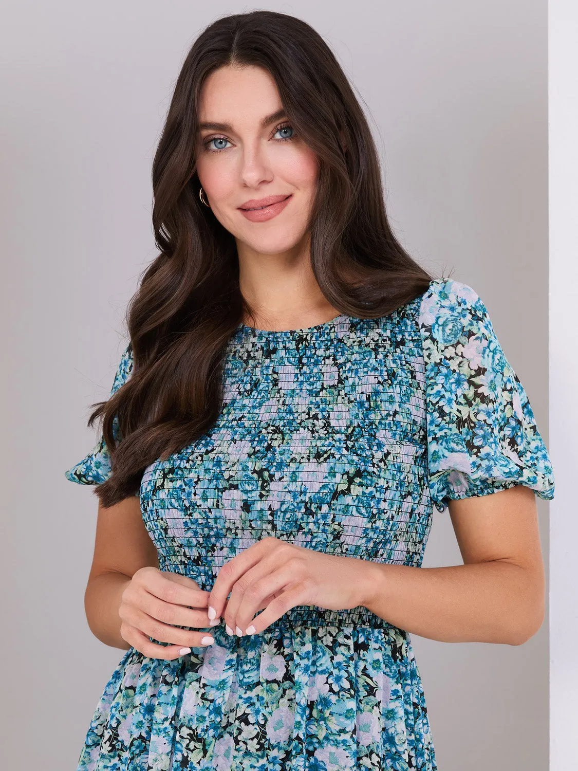 Floral Print Puff Sleeve Smocked Dress