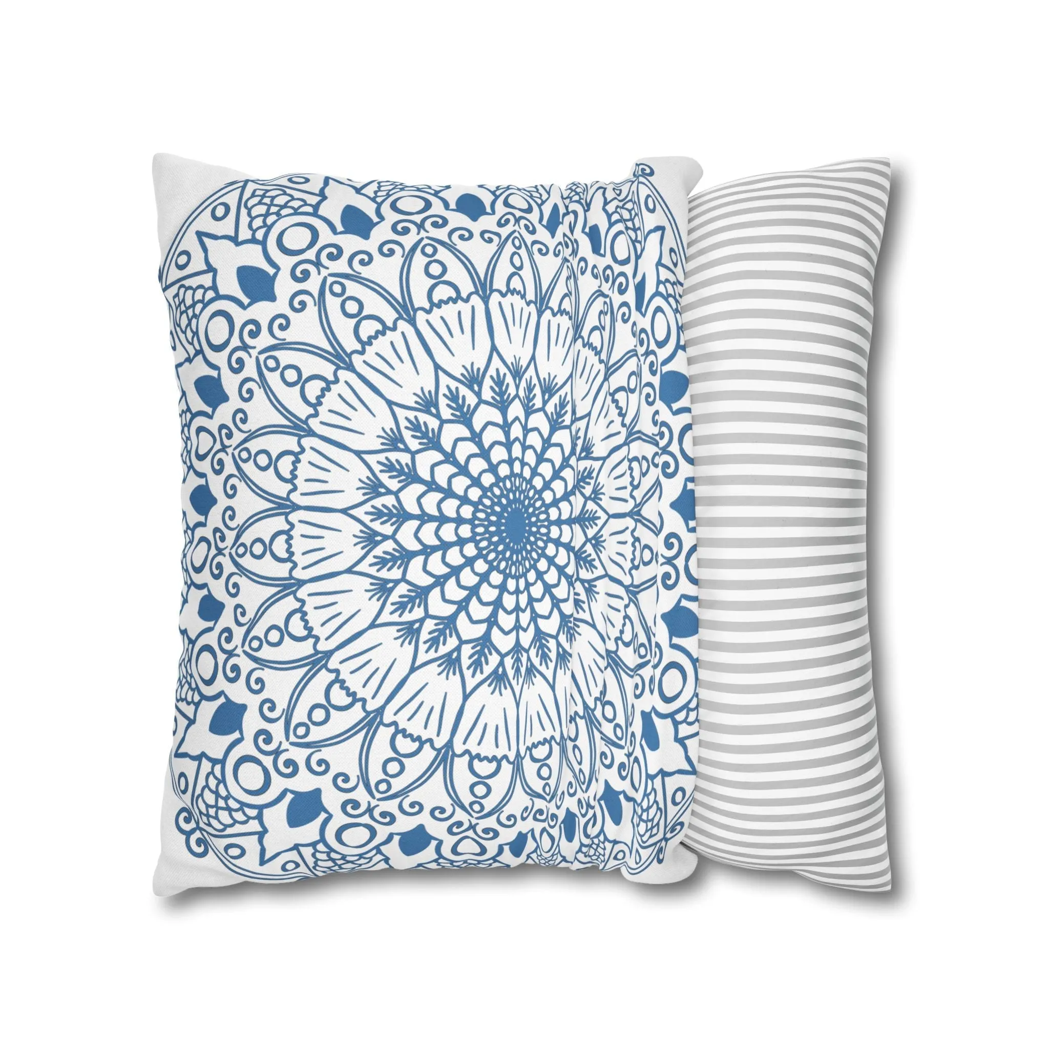 Handmade Mandala Design Pillowcase - Steel Blue on White