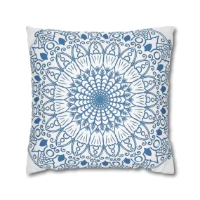 Handmade Mandala Design Pillowcase - Steel Blue on White