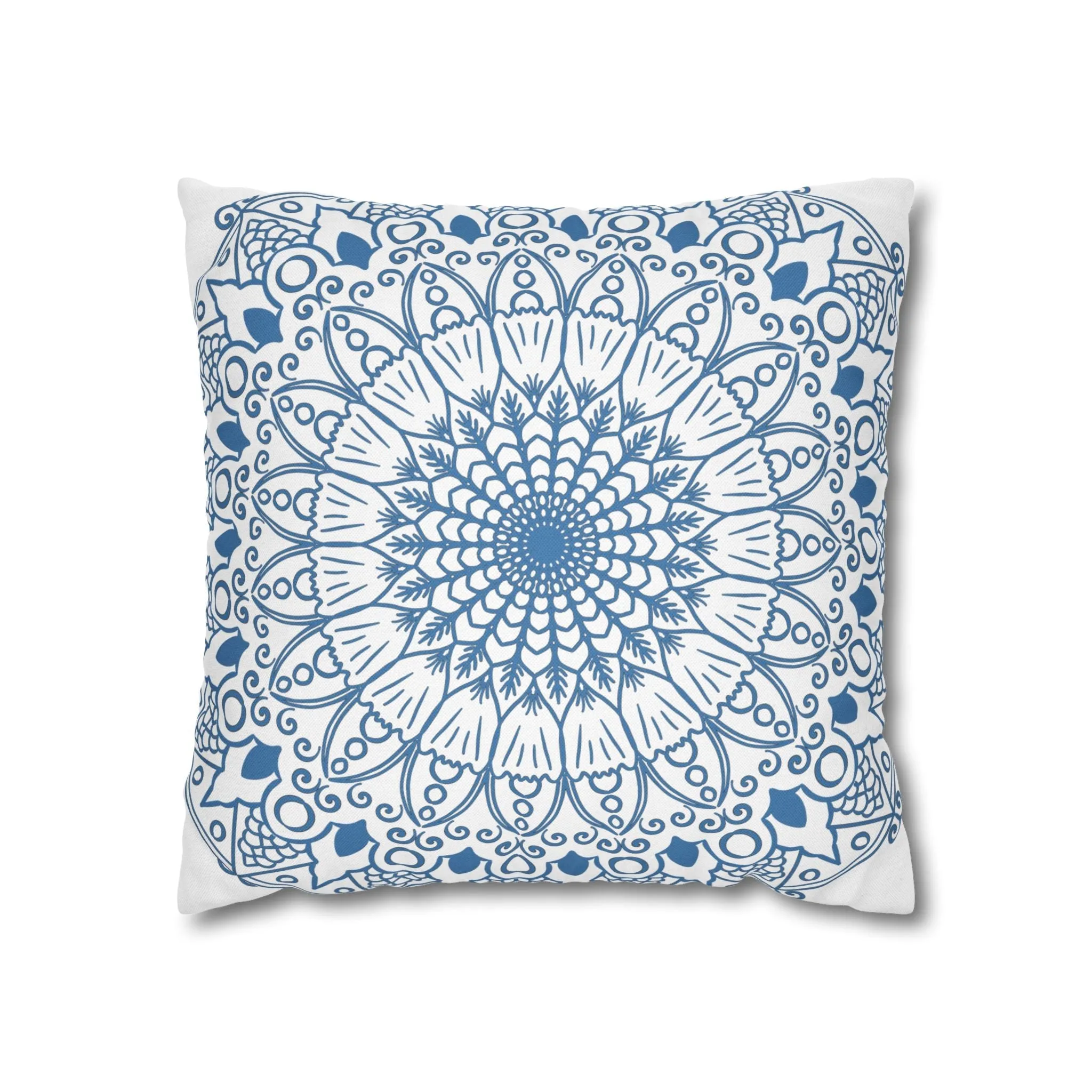 Handmade Mandala Design Pillowcase - Steel Blue on White