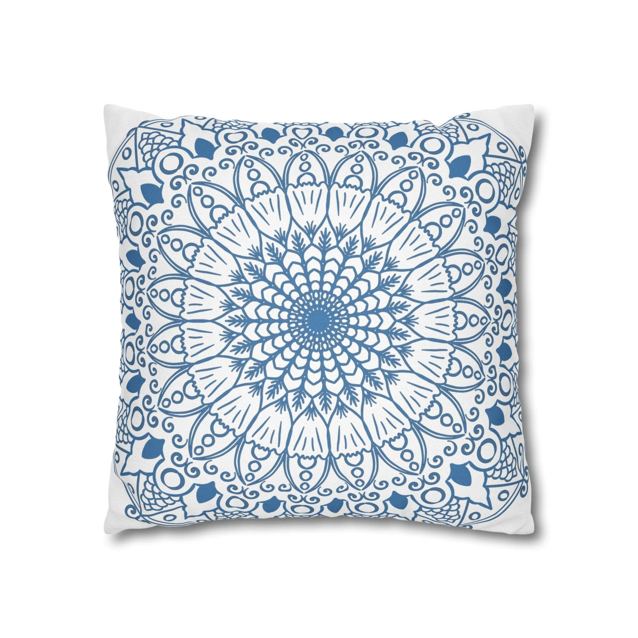 Handmade Mandala Design Pillowcase - Steel Blue on White