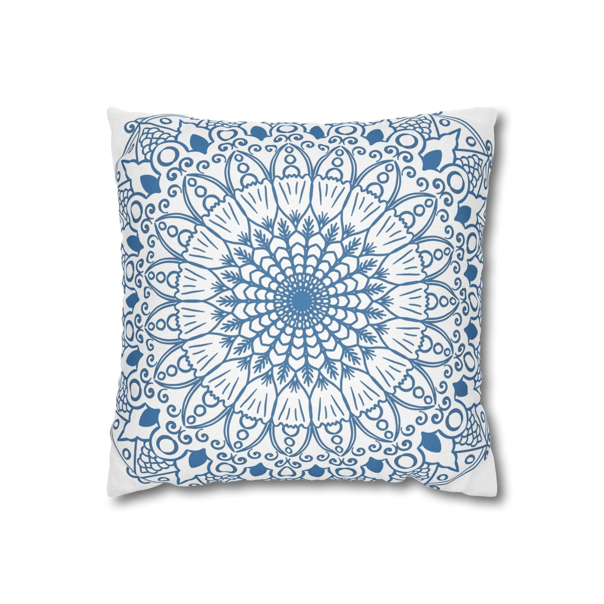 Handmade Mandala Design Pillowcase - Steel Blue on White