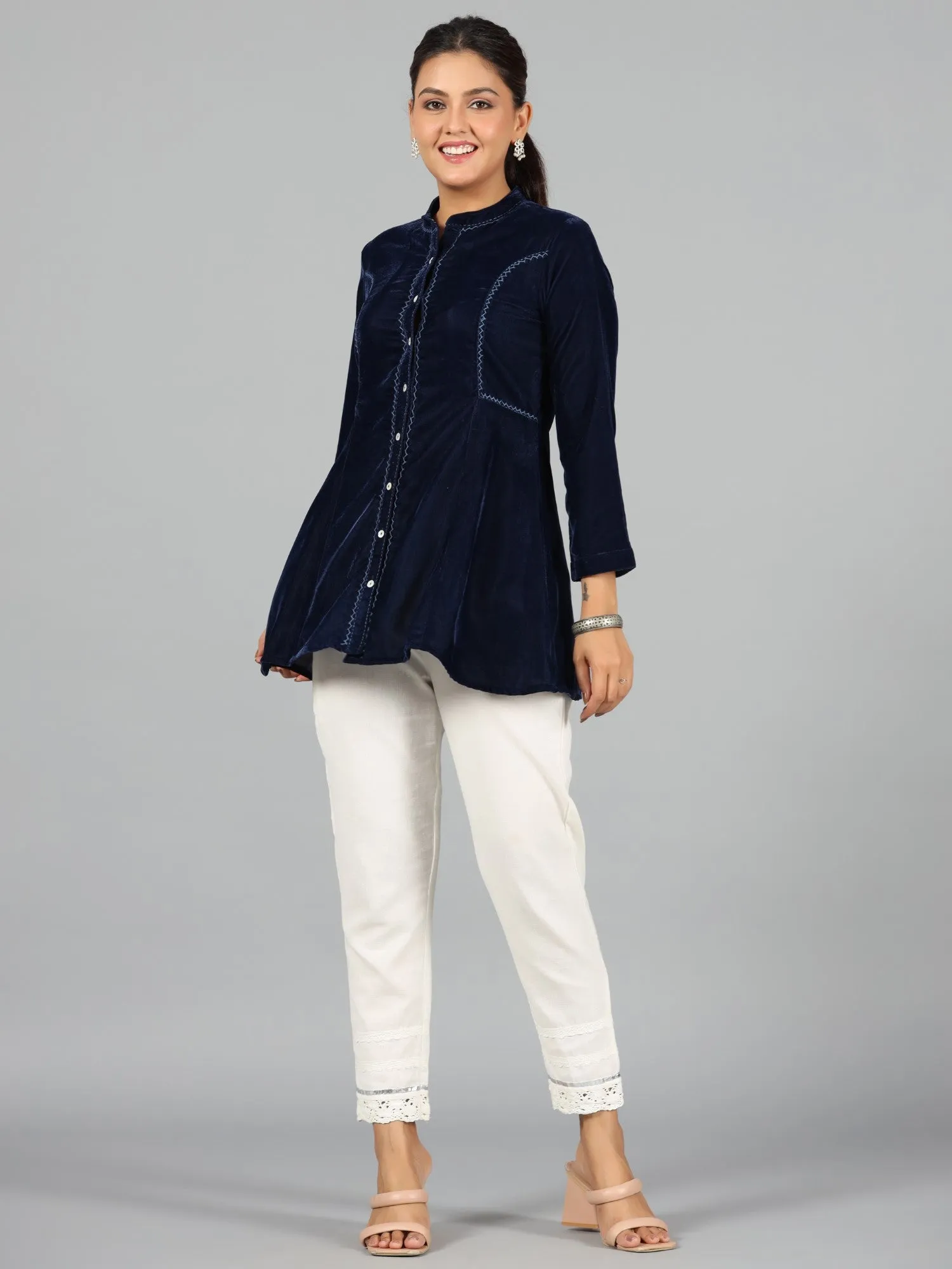 Juniper Women Blue Velvet Solid A-Line Tunic