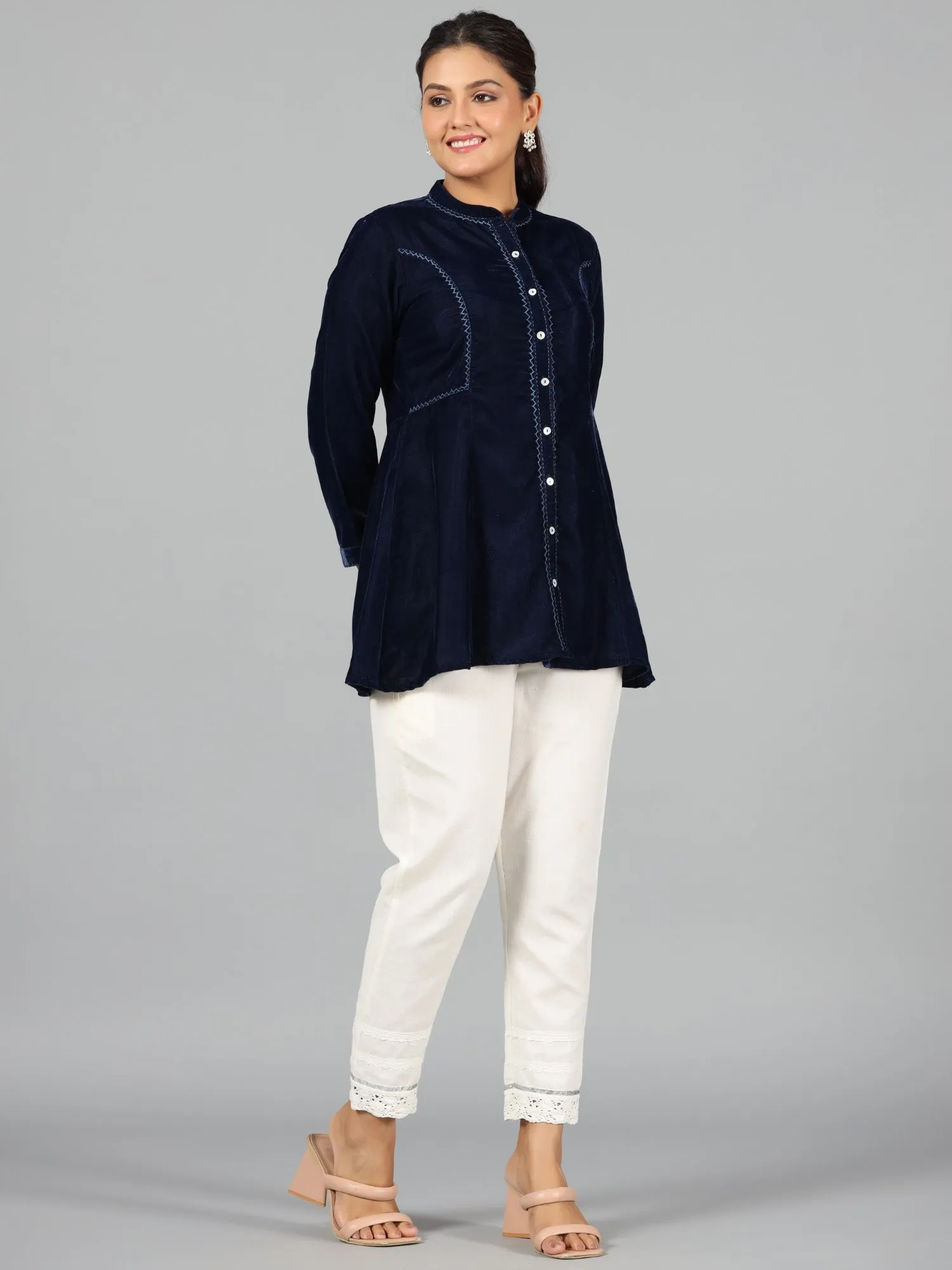 Juniper Women Blue Velvet Solid A-Line Tunic