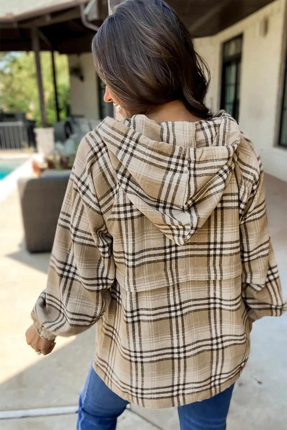 Khaki Printed Zipped Front Pullover Plaid Hoodie