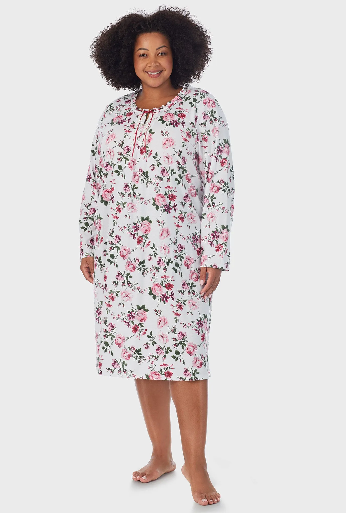 Pink and Berry Roses Long Sleeve Midi Nightgown