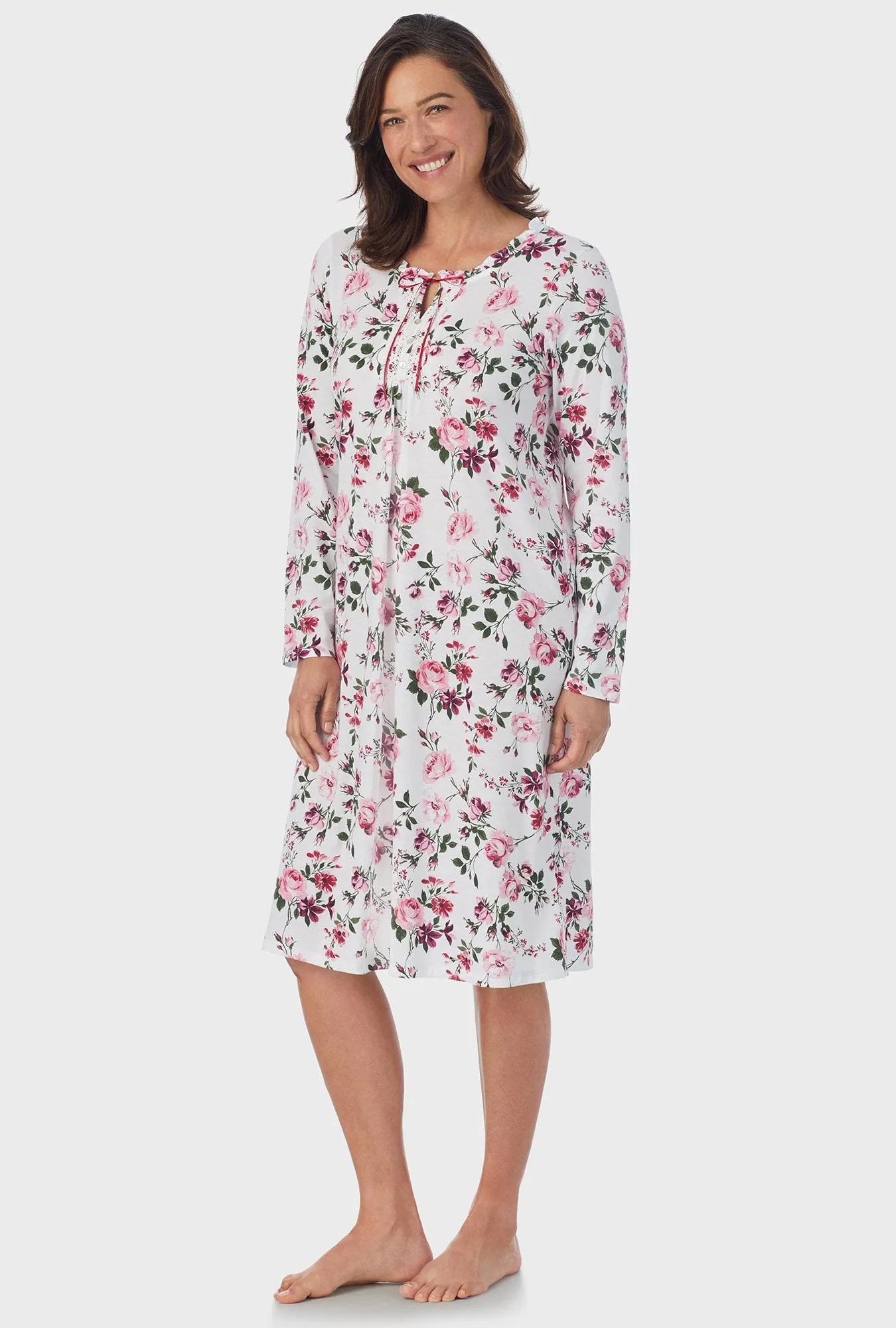 Pink and Berry Roses Long Sleeve Midi Nightgown