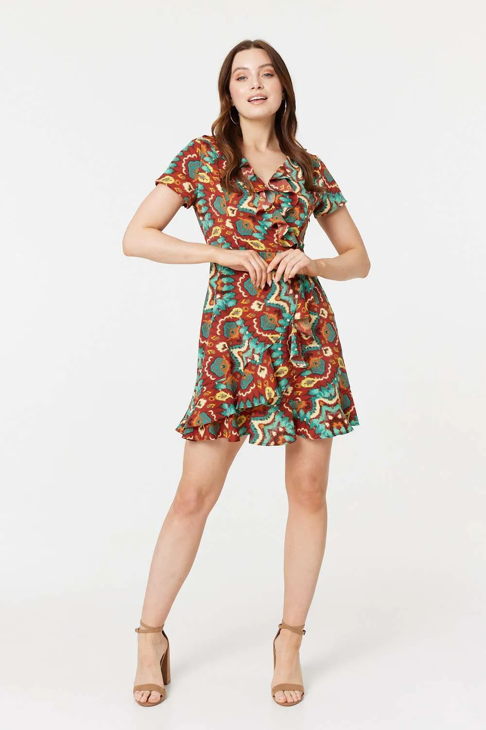 Printed Ruffle Front Wrap Dress