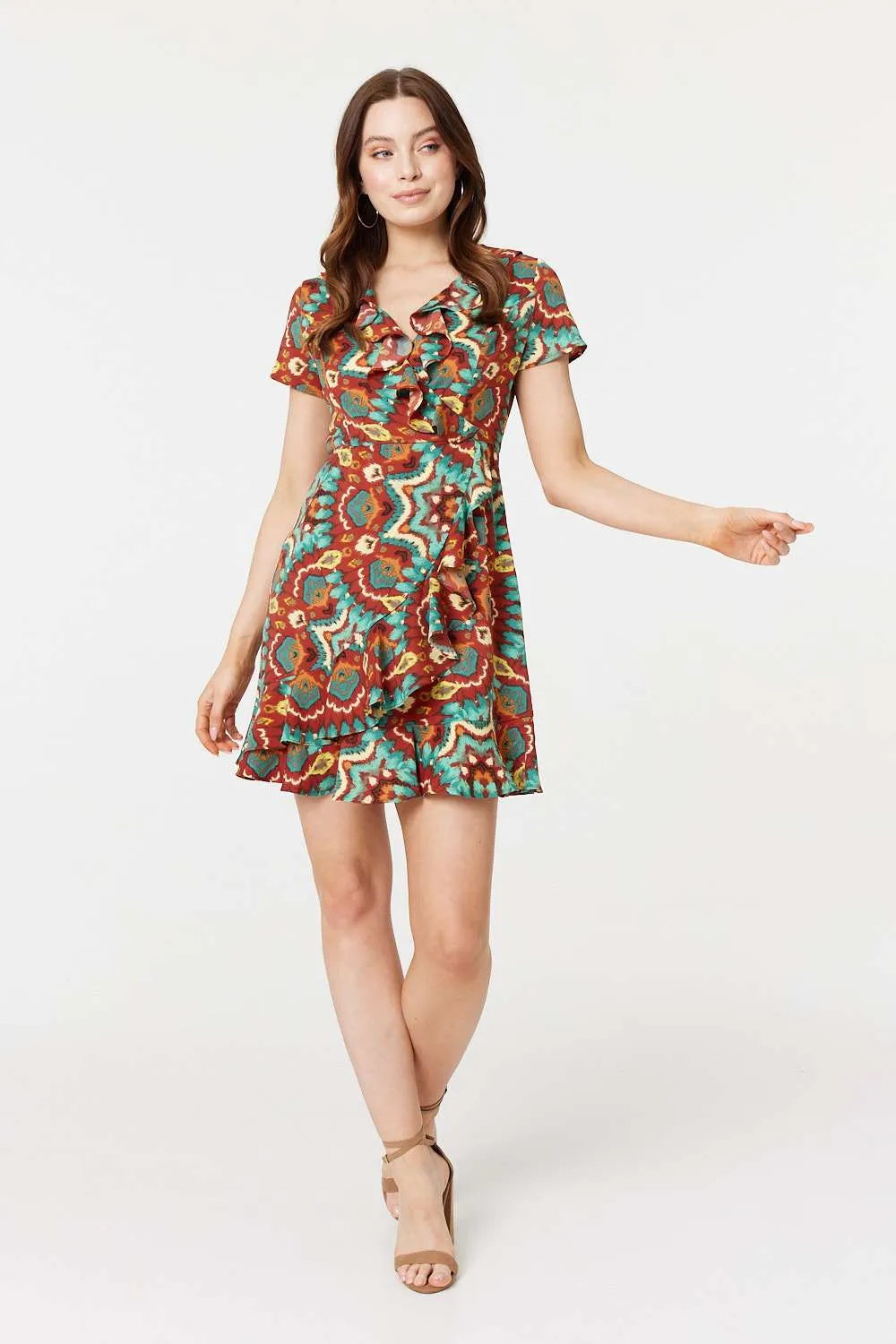 Printed Ruffle Front Wrap Dress