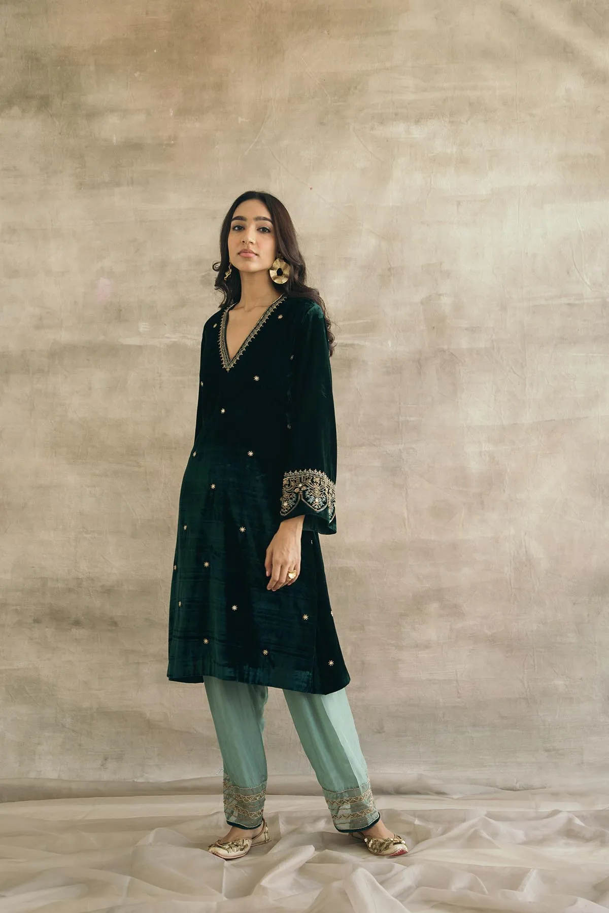 Silk Velvet Contrast Kurta Set