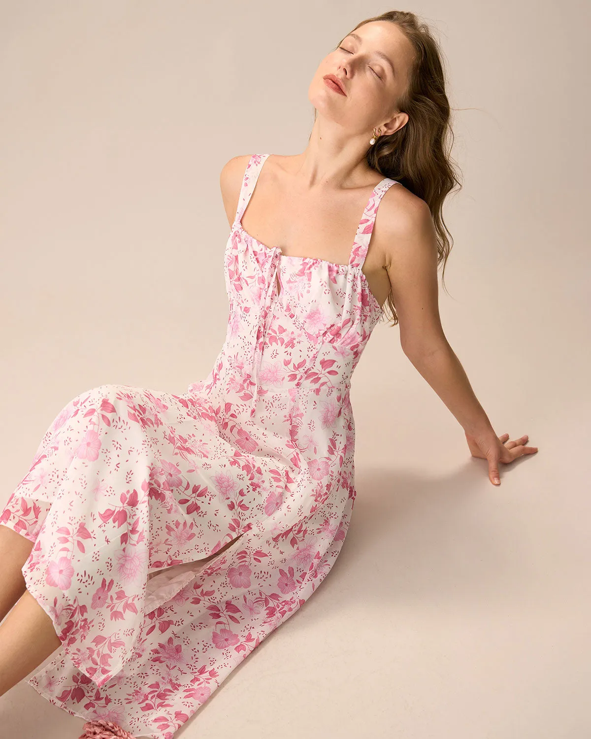 The Pink Square Neck Floral Ruched Midi Dress